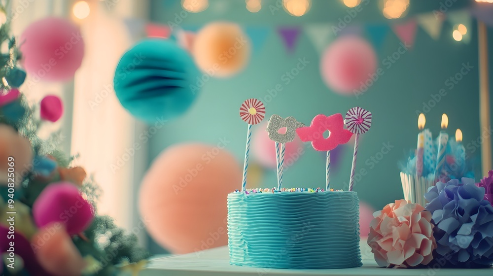 Poster festive birthday party photo booth setup with a variety of colorful a cheerful backdrop creating a f