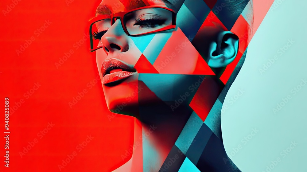 Poster artistic portrait of a model with geometric patterns and vibrant colors, showcasing modern fashion a