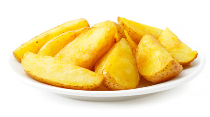 Minimalist A simple arrangement of perfectly golden potato wedges on a white plate, isolated against a clean white background