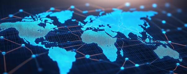 World map with interconnected business nodes, global management innovation, 3D illustration
