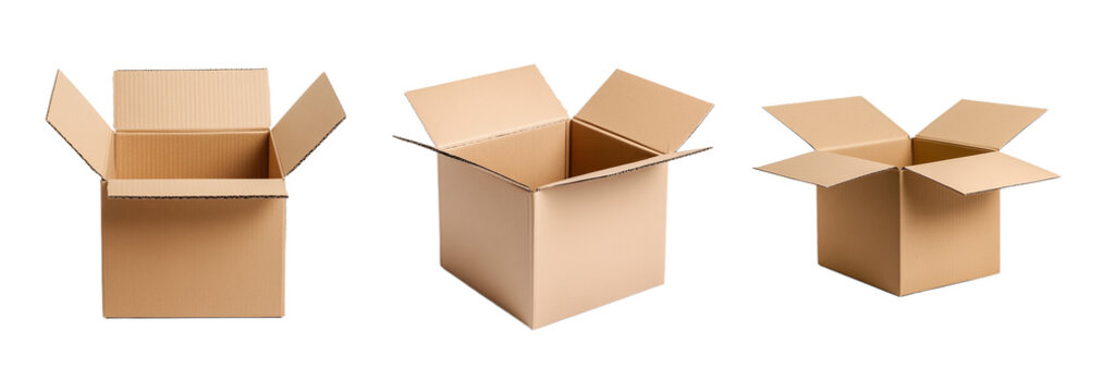 A collection of open cardboard boxes isolated on a transparent background, ideal for packaging, shipping, and moving concepts