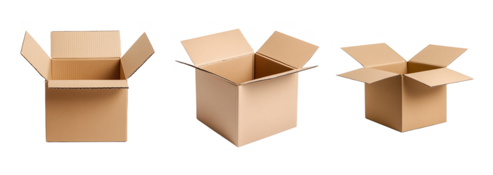 A collection of open cardboard boxes isolated on a transparent background, ideal for packaging, shipping, and moving concepts