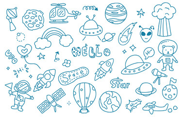 cute doodle element object with spaceship,plane for nursery school design