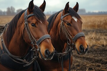 Obraz premium Two powerful brown horses wearing harnesses standing on farm