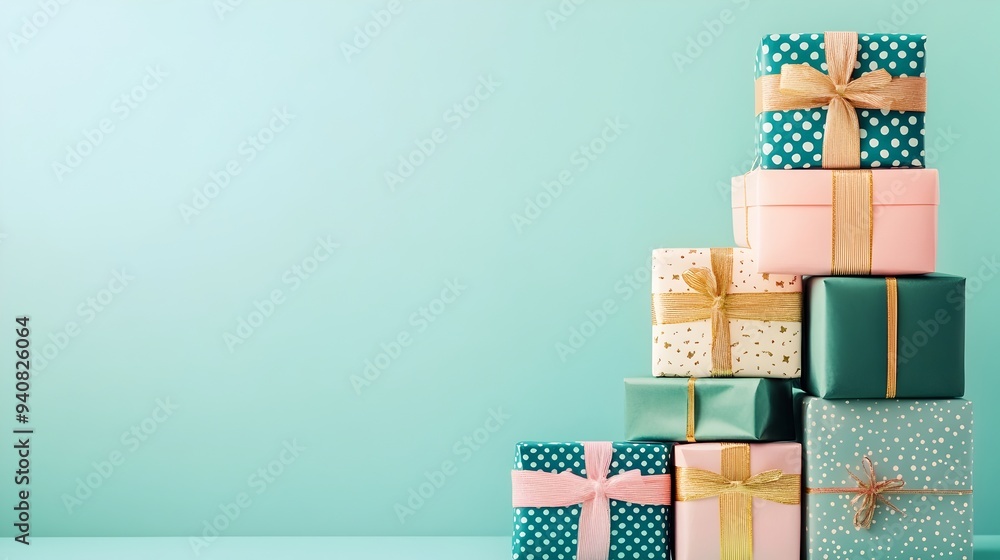 Poster a stack of beautifully wrapped birthday presents in a variety of colors and patterns creating a fest