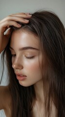 Naklejka premium Young woman checking her hair part for signs of hair loss