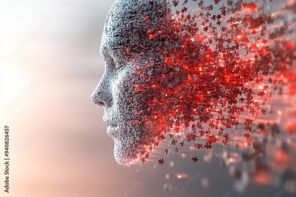 Poster profile of a man dissolving into digital fragments: exploring cognitive breakdown identity crisis an