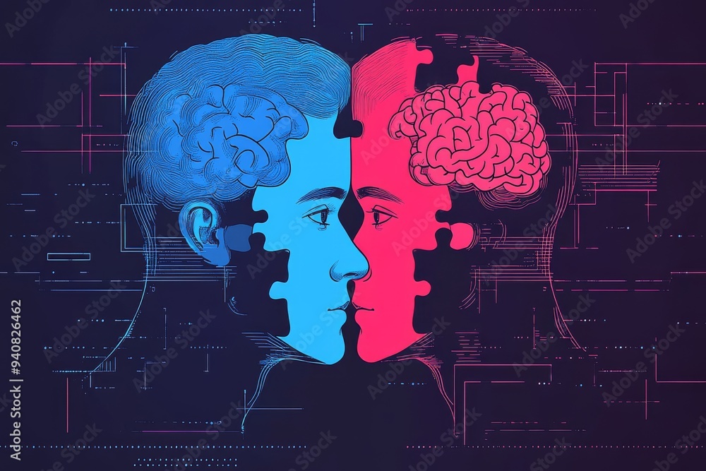 Poster dual profile of faces with glowing brains: representing cognitive symmetry thought processes and the
