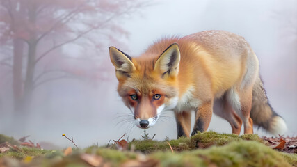 Fototapeta premium a hungry red fox sneaking through a misty forest