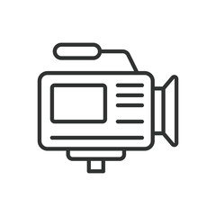Video Camera, in line design. Camcorder, Digital video camera, recording device, Videography, Camera lens, Video recording on white background vector. Video Camera editable stroke icon.