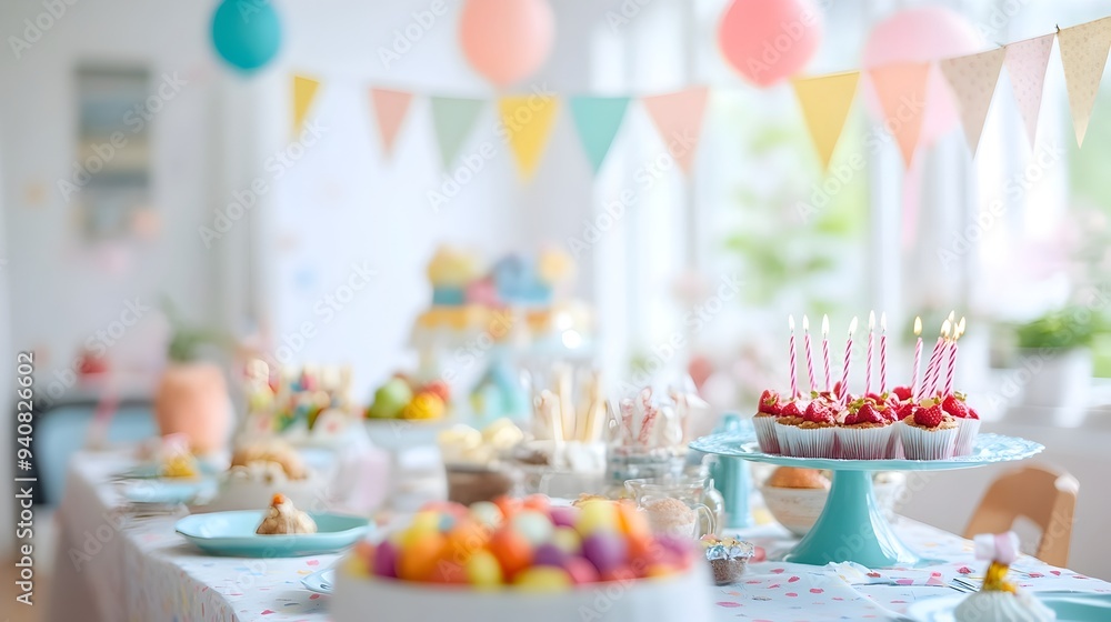 Poster colorful birthday banner hanging above a festively decorated table setup with ample copyspace for te