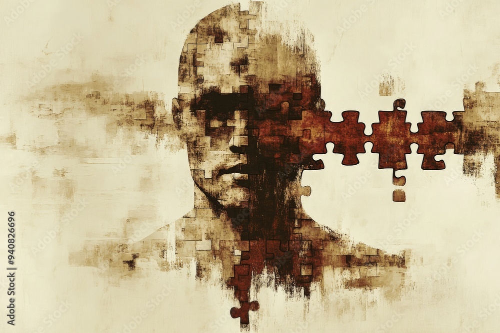 Poster abstract silhouette of human head with puzzle pieces: a visual metaphor for cognitive complexity men