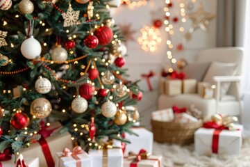 Festive Christmas Scene with a Beautifully Adorned Tree Surrounded by Colorful Gift Boxes and a Cozy Basket in a Warm Room