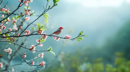 Fototapeta premium A red bird perches on a tree branch, surrounded by pink flowers in the foreground Behind it, a blue sky stretches expansively