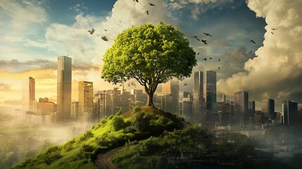 A vibrant tree stands atop a hill, surrounded by a city skyline under a dramatic sky.