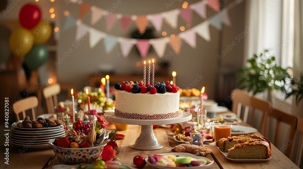 Poster vibrant birthday table setup with hanging banner and empty copy space for customizable text or logo 