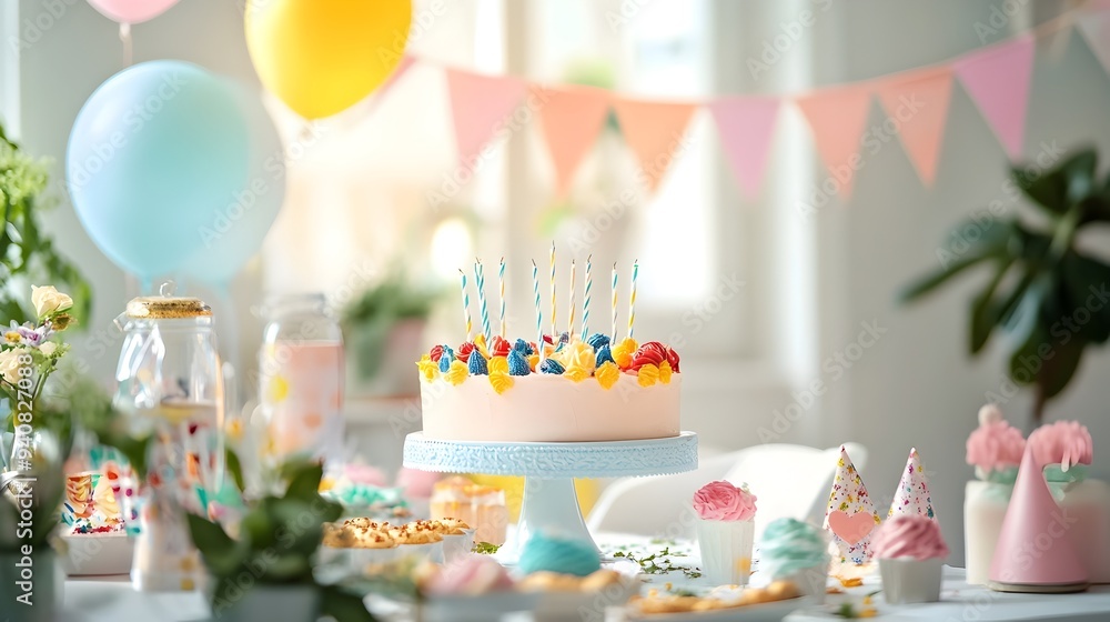 Poster colorful birthday banner hanging above a festive table setup with party copy space for text overlay