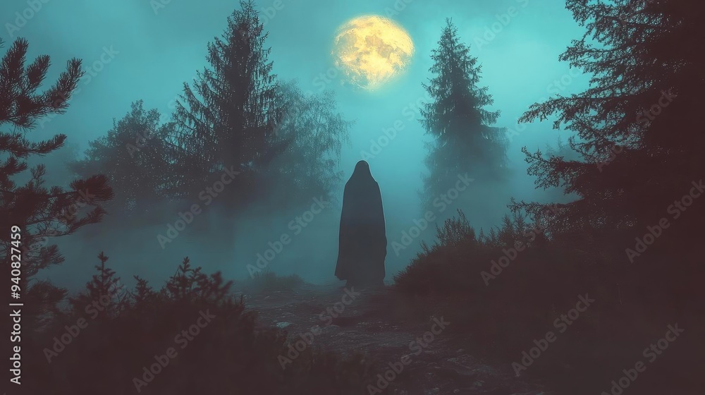 Poster a mysterious figure cloaked in darkness stands among foggy trees under a luminous moon, creating an 