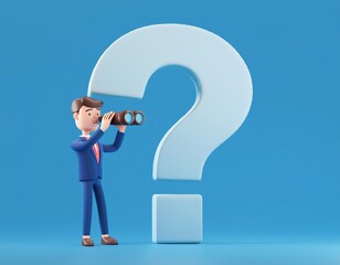 3D businessman looks through binoculars towards a large question mark, 3D illustration
