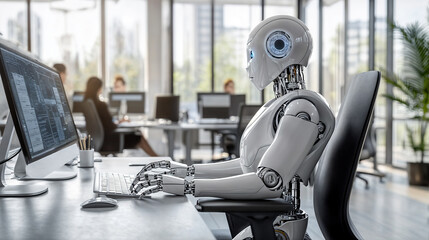 A humanoid robot working on a computer in a modern office environment.