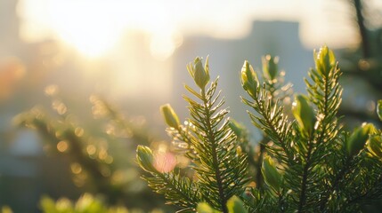  A tree branch in sharp focus with the sun glowing behind, buildings faintly visible in the distance