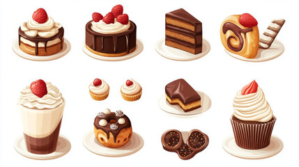 Desserts vector icons for bakery shops and pastry selections. Includes a variety of sweets such as chocolate cakes, donuts, roll pies, tiramisu, brownie tortes, ice cream, wafers, cupcakes.