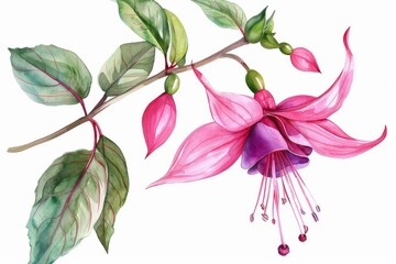 Pink Watercolor Fuchsia Flower and Leaf Isolated Clipart illustration on White Background