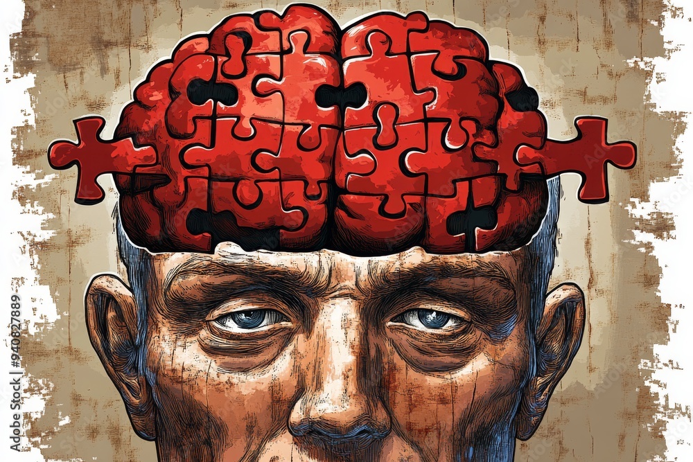 Poster close up of elderly man with puzzle brain: illustrating memory cognitive decline and the aging proce