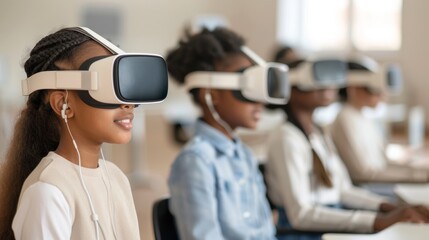 Future of Education: Students Engaging with VR Headsets in Classroom under AI Tutor Guidance Against Vast Background