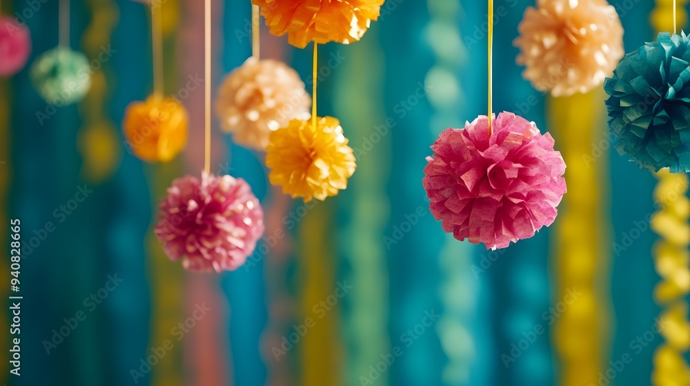 Poster colorful and festive birthday party backdrop with hanging copy space for text overlay or design elem