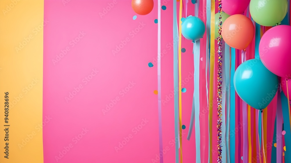 Poster festive and colorful birthday party backdrop with hanging like balloons streamers and confetti creat