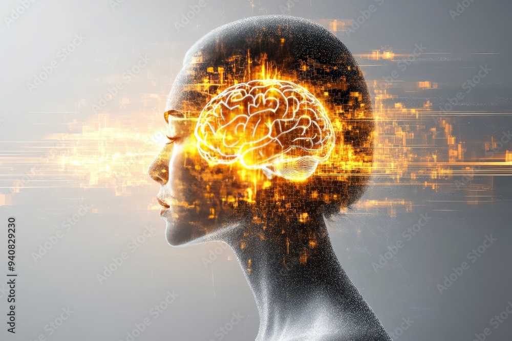 Poster digital profile of human head with glowing brain and puzzle pieces: representing the intersection of
