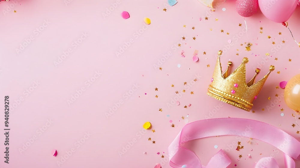 Poster festive birthday table setting with a decorative crown and sash laid out on a patterned tablecloth w