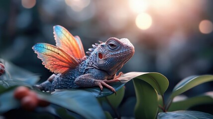 Fototapeta premium Rainbow-winged lizard basking in a magical jungle, vibrant and fantastical.