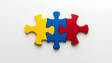 Obraz premium Modern Minimalism Three interlocking puzzle pieces in yellow, blue, and red set against a clean white background, with sharp lines and flat colors