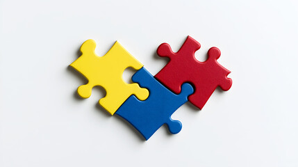 Obraz premium Modern Minimalism Three interlocking puzzle pieces in yellow, blue, and red set against a clean white background, with sharp lines and flat colors