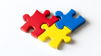 Fototapeta premium Modern Minimalism Three interlocking puzzle pieces in yellow, blue, and red set against a clean white background, with sharp lines and flat colors