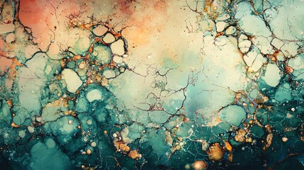  An abstract painting depicts a blend of blue, green, yellow, and orange hues beneath bubbly textures at its base