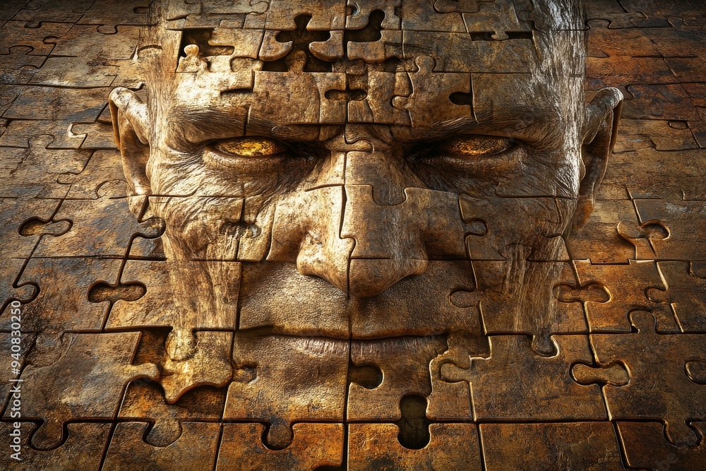 Poster elderly mans face composed of puzzle pieces: a representation of memory aging cognitive decline and 