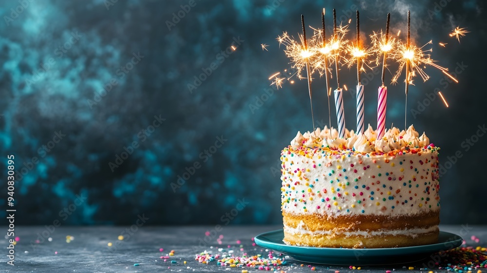 Poster a birthday cake topped with shimmering sparklers creating a dazzling display that lights up the joyo