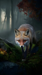 a hungry red fox sneaking through a misty forest