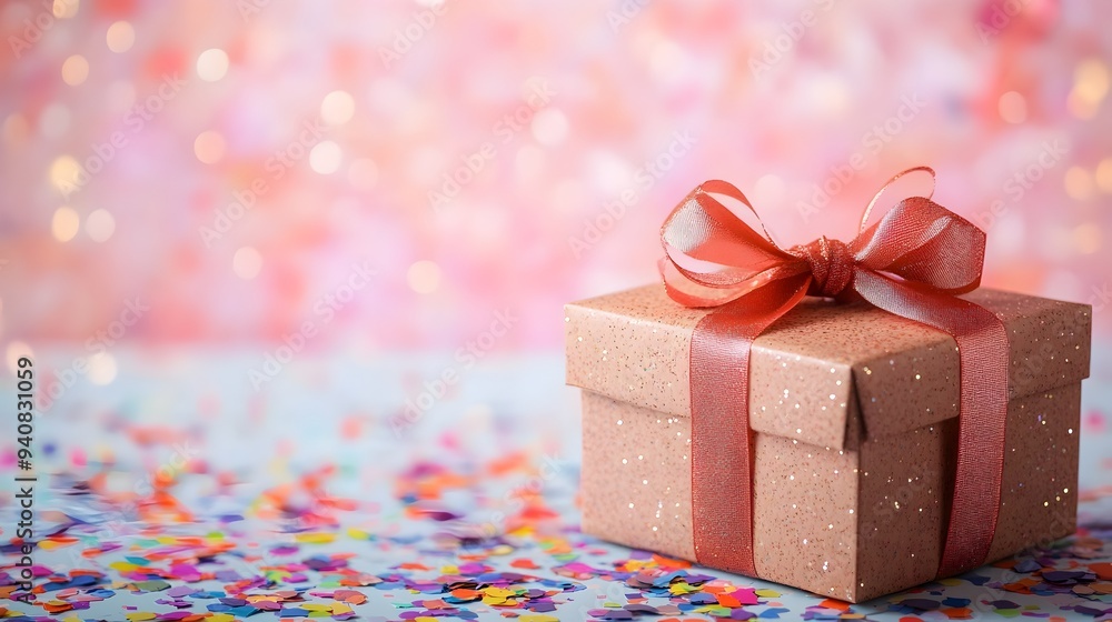 Poster elegantly wrapped birthday gift box with a decorative ribbon bow set on a festive table with colorfu