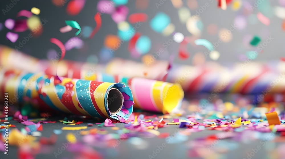 Poster Close up view of colorful party poppers and confetti primed and ready to create a lively festive atmosphere for a or event  The image evokes a sense of excitement and joy