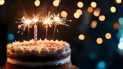 Festive birthday cake topped with glowing sparklers illuminating the joyous with a radiant and captivating ambiance  The cake s vibrant display sets the mood for a special occasion