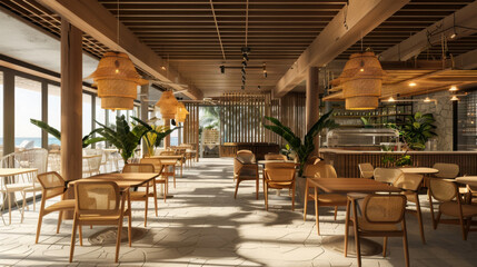 Modern interior of a bright restaurant with wooden furniture and greenery during daylight