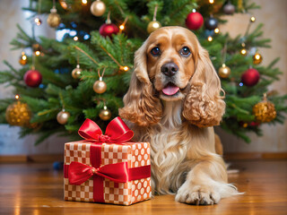 English Cocker Spaniel with Christmas present near Christmas tree