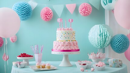 Colorful and festive birthday party setup featuring a themed cake balloons and other decorative elements on a table creating a joyful and celebratory atmosphere