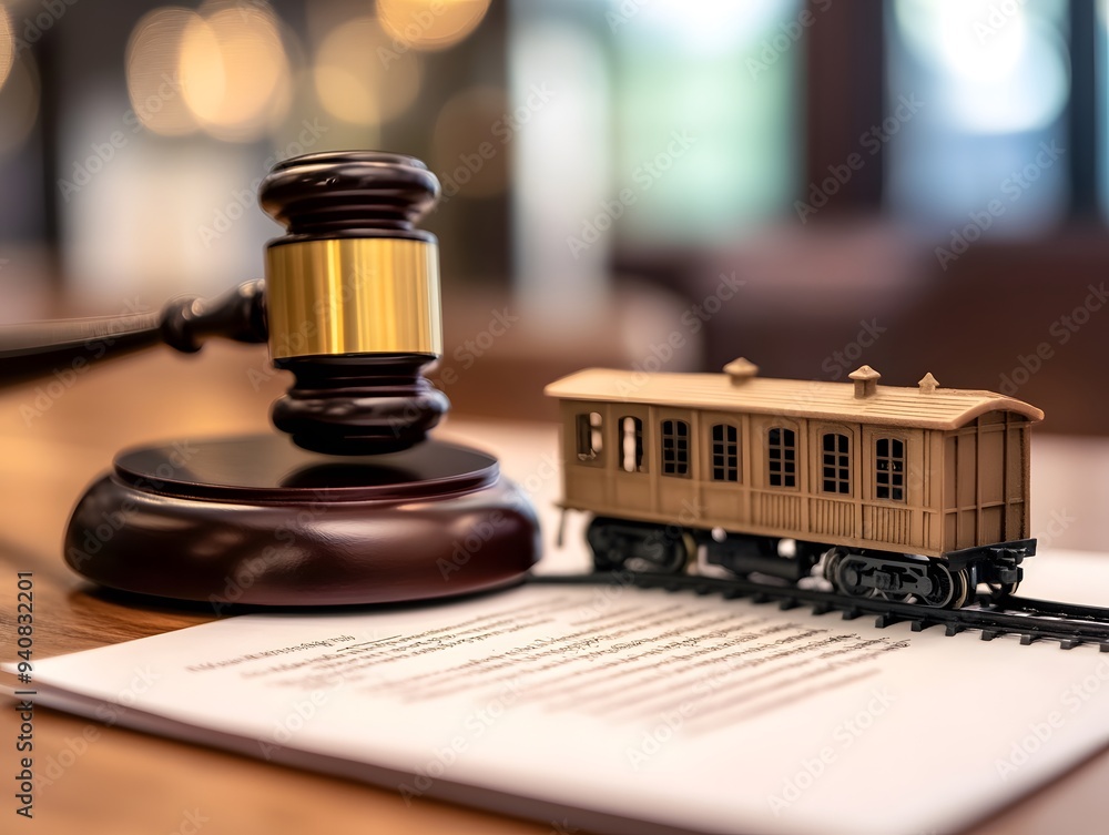Aufkleber a gavel and model train on a desk, next to a paper document in a modern office setting background