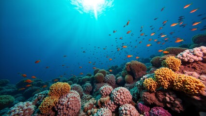 Obraz premium Colorful Coral Reef with Fish and Sunlight