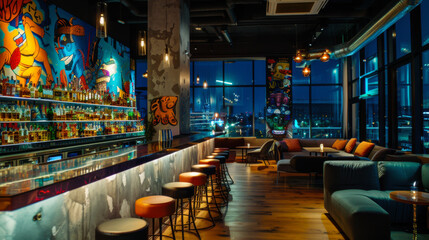 Fototapeta premium A vibrant rooftop bar with colorful decor and a stylish interior during dusk